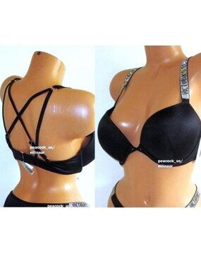 32A Victoria Secret Swim Shine Strap Bombshell Push Up Bikini TOP +2 Cups black
